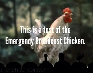 A frame from the MST3K presentation "Jack Frost". Mike, Crow and Servo are looking at a chicken on the screen. The text "This is a test of the Emergency Broadcast Chicken" is superimposed on the image in a white sans serif font.