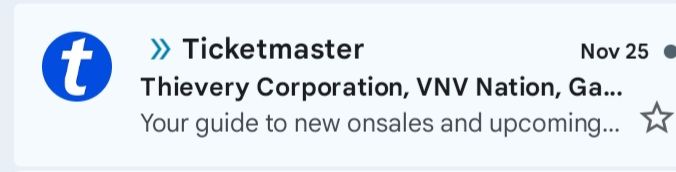 A screencap of my inbox, showing a message from Ticketmaster promoting a band called "Thievery Corporation". I found the juxtaposition amusing.