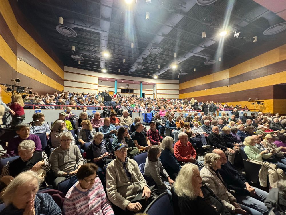 Photo of crowded auditorium for town hall. 