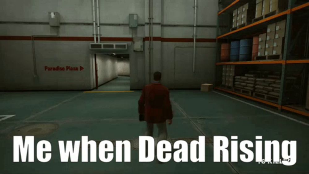 a man walking through a warehouse with the words me when dead rising on the screen