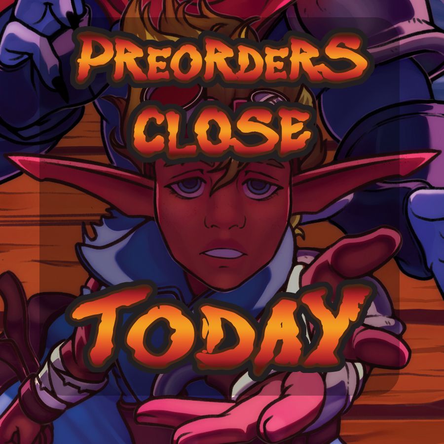 A close-up of the cover of the zine. TPL-era Jak reaches out to the viewer. Dark Jak looms over him in the background. The text overlaying the image says "Preorders close today" in orange Ottselesque font.