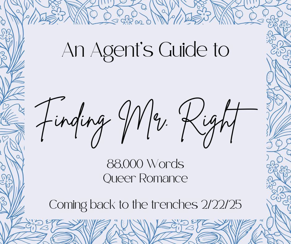 An Agent's Guide to Finding Mr. Right
88,000 words
Queer Romance
Coming back to the trenches 2/22/25