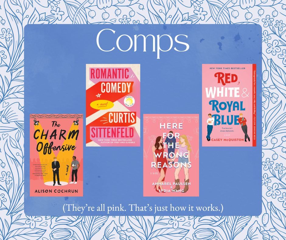 Comps:
covers for The Charm Offensive by Alison Cochrun, Romantic Comedy by Curtis Sittenfeld, Here fore the Wrong Reasons by Annavel Paulsen and Lydia Wang, and Red, White, and Royal Blue by Casey McQuiston
Note: (They're all pink. That's just how it works.)