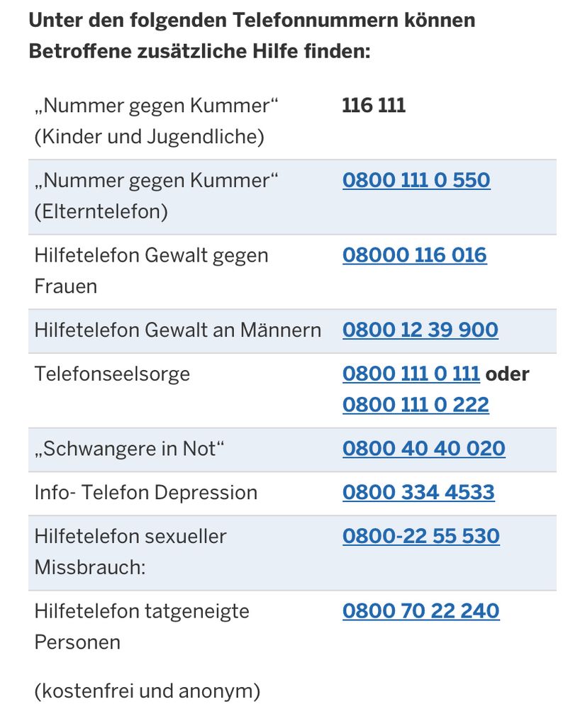„Nummer gegen Kummer“ (Kinder und Jugendliche) 116 111

„Nummer gegen Kummer“ (Elterntelefon)
0800 111 0 550

Hilfetelefon Gewalt gegen Frauen
08000 116 016

Hilfetelefon Gewalt an Männern
0800 12 39 900

Telefonseelsorge
0800 111 0 111 oder 0800 111 0 222

„Schwangere in Not“ 
0800 40 40 020

Info- Telefon Depression      
0800 334 4533

Hilfetelefon sexueller Missbrauch:
0800-22 55 530

Hilfetelefon tatgeneigte Personen    
0800 70 22 240

(kostenfrei und anonym)