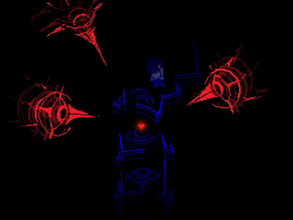 Kris chasing the soul down in a dark path of weird blue tiles with eyes as red monsters follow you