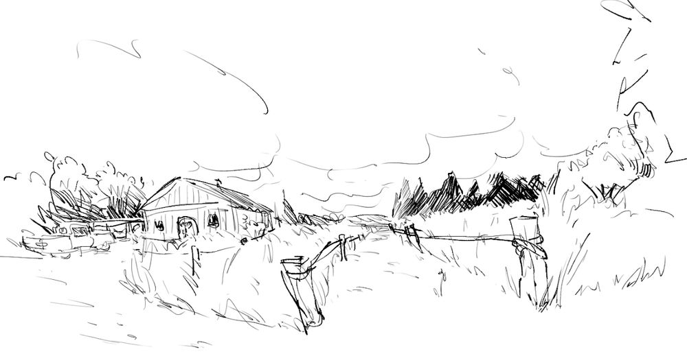 A rural dirt road split left, forward, and right. The left road goes to a wooden barn with a truck in front, the forward road goes into the distance, and the right road goes off screen. Wooden fenceposts line the forward roads, and there are various trees in the background. The sky is cloudy.