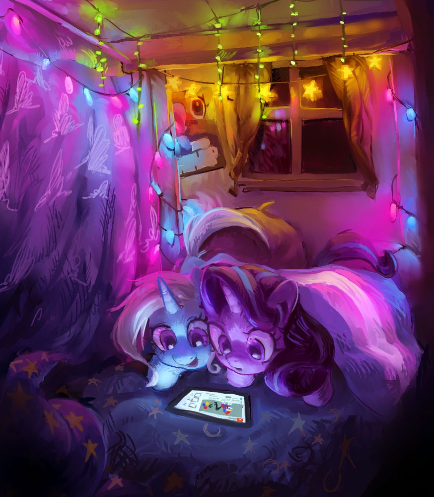 Starlight Glimmer and Trixie huddled in front of their ipad under a trans flag blanket watching pomni paint mixing videos on youtube