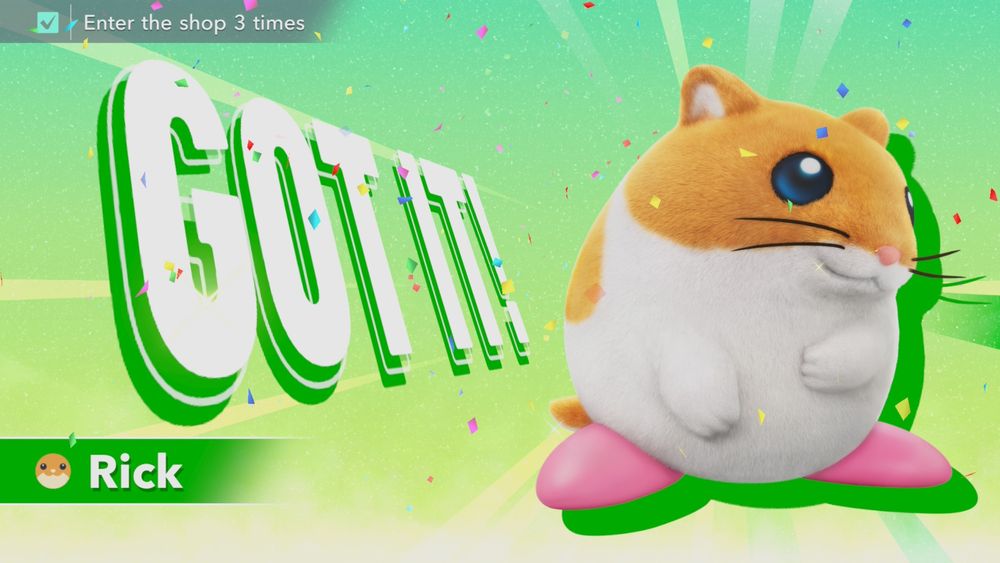 Screenshot of Kirby Air Riders showing the unlock screen for Rick (a hamster character)