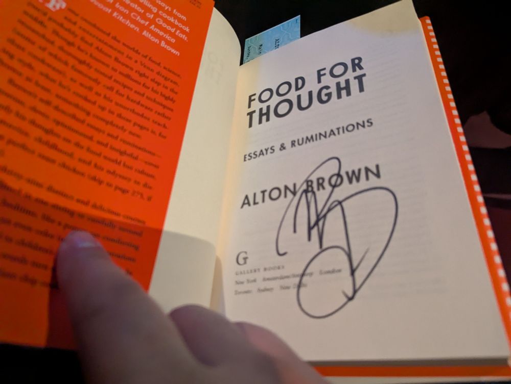 Autographed page of Alton Brown's book Food for Thought.