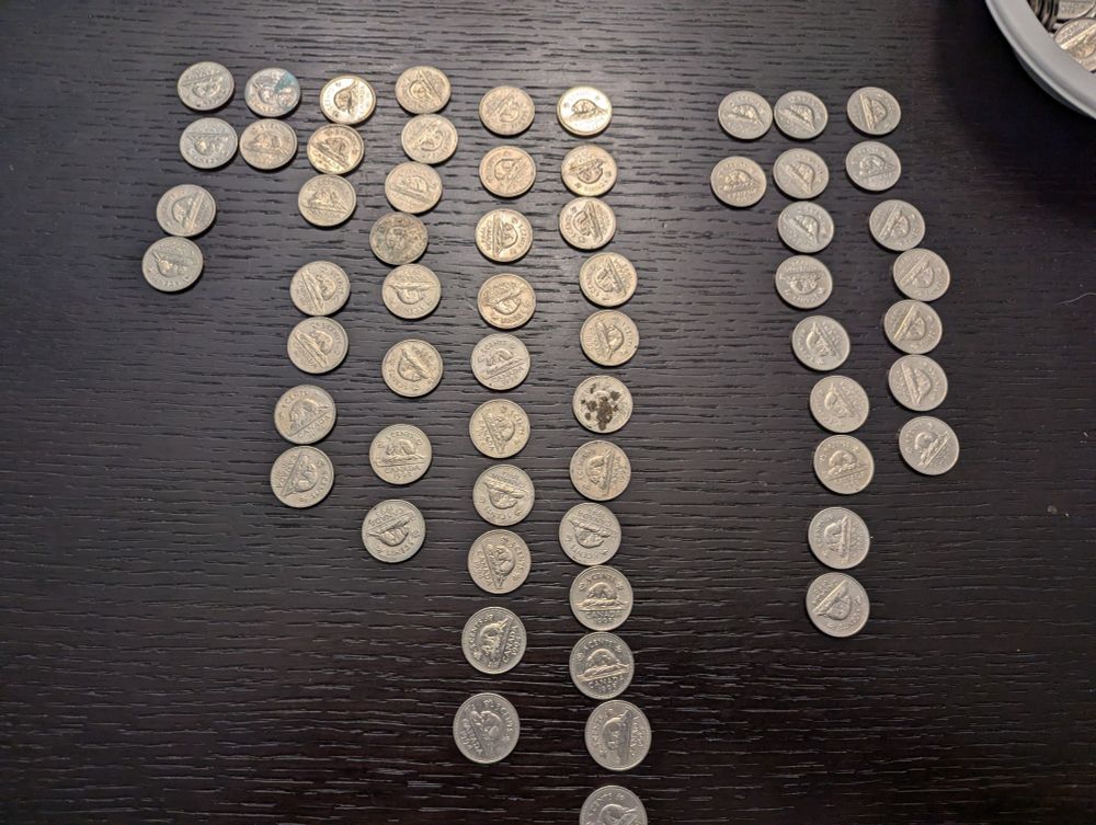 Canadian nickels from the 90's sorted by year. The nickel with the most potential is from 1996 and I didn't have a single one of them. People must have been searching for that one for a long time.