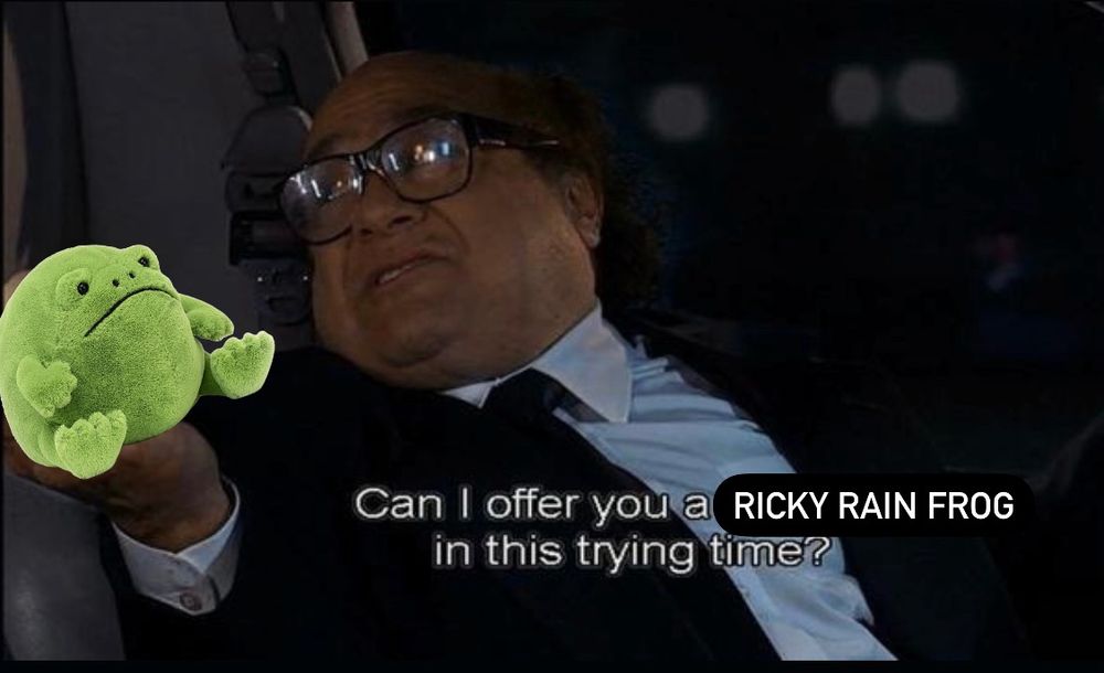 A picture of Danny Devito with the caption “can I offer you a Ricky Rain Frog (a stuffed animal from the brand Jellicat) in this trying time”. A picture of Ricky Rain Frog is photoshopped into Danny Devito’s hand. 