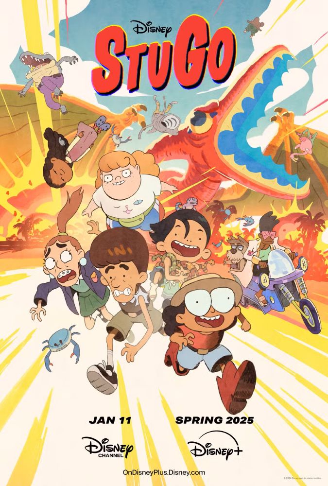 Poster for the new Disney show "StuGo". Dynamic image of Pliny, Chip, Larry, Merian, Francis and Sara running as the island explodes around them. Dr. Lullah, Mr. Okay, various mutants and a giant roaring Pteranodon chase the kids. 