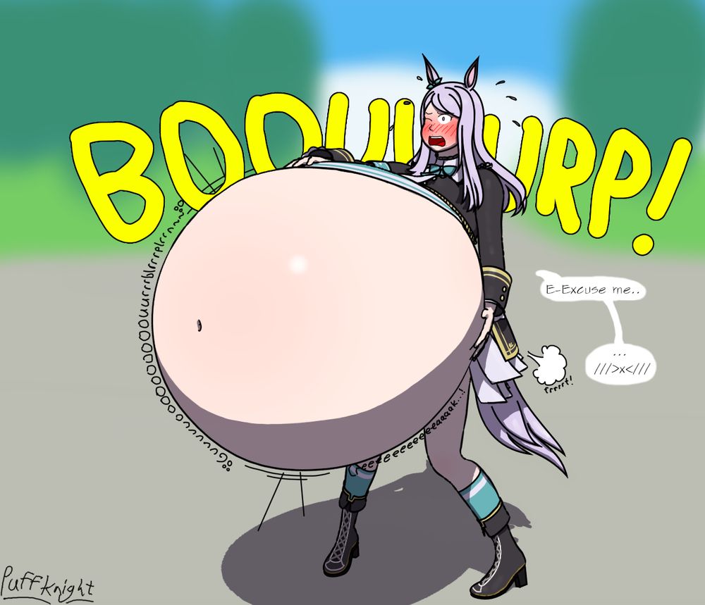 Mejiro McQueen from Uma Musume: Pretty Derby with an extremely gargantuan expanding tummy that's nearly as big as a shopping cart that's almost completely exposed as it bulges proudly out of her striped undershirt, the frilled sides of her coat barely visible as she clutches the top and lower side of her enormous bloated creaking gut! She staggers with her face flush red in embarrassment and mouth is agap as she lets out an enormous burp (with huge yellow "BOOUUURP!" text) with her mouth speckled with crumbs of strawberry cake.

She says: "E-Excuse me.."

She lets out a small "frrrrt!" with a "... ///>x<///" implying extra blushing