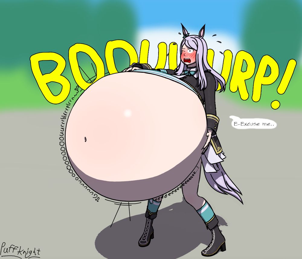 Mejiro McQueen from Uma Musume: Pretty Derby with an extremely gargantuan expanding tummy that's nearly as big as a shopping cart that's almost completely exposed as it bulges proudly out of her striped undershirt, the frilled sides of her coat barely visible as she clutches the top and lower side of her enormous bloated creaking gut! She staggers with her face flush red in embarrassment and mouth is agap as she lets out an enormous burp (with huge yellow "BOOUUURP!" text) with her mouth speckled with crumbs of strawberry cake.

She says: "E-Excuse me.."