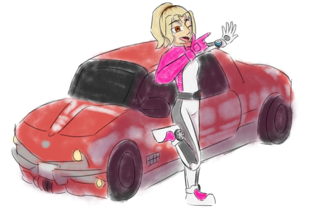 A picture of me posing, dressed up as Mira Shifuto, aka Boon Pink from Bakuage Sentai Boonboomger. Machstreak is behind me as the Boonboom Super Car.
