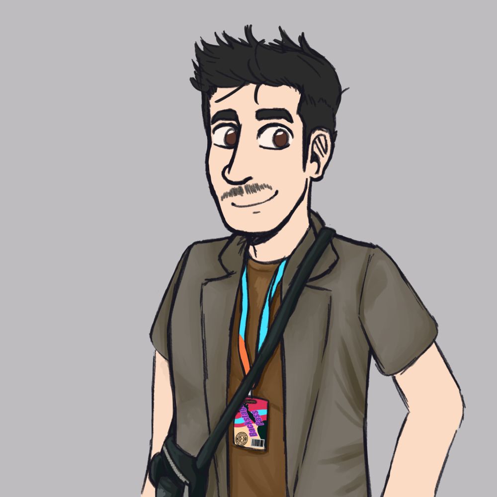 An artwork of John Fuhnaff. He's smiling towards the camera and in one of the outfits he wore to PAX. A brown shirt, a grey short-sleeve jacket, a small black fanny-bag and a lanyard with a pass on it based on the Fnaf security breach pass.)