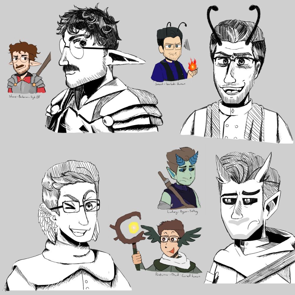 Black and white comic style busts with four characters I'm their respective corners. Alongside each bust is a chibi coloured sketch of the larger detailed art. Beneath each it says their name, class and race. "Stanz, Barbarian, High-Elf", "SmallAnt, Warlock, Human", "Pointcrow, Druid, Cursed Human", "Ludwig, Rogue, Tiefling".

Stanz is a 2/4ths shot, seen from the side, he's smiling to the camera, adorning metal armour with a few chips in it and sporting his regular circle glasses. Due to being an Elf, he also has his long ears.
His Chibi is matching, but also includes his warhammer on his back.

Smant is more at a front on perspective, though it could be closer to 1/4th as well. He has antenna, due to his namesake - Ant like in appearance. Be wears Warlock robes and a scarf that hangs untied around his neck. Talking with a serious smile.
His Chibi shows him with an angry expression, weilding a fireball in one hand.

Pointcrow is at 3/4ths, with wings for ears and a cheerful grin and wink. In the vestments of a druid, though almost more cleric like... a long sleeve shirt, and a loose turtle neck separately. 
His chibi shows him with a staff made of gangly wood, ear-wings open as he says something with excitement.

Ludwig I'd also at 3/4ths though facing the other way, he has riefling horns, rather plain standard straight up one's. He looks very displeased with a frown and tilted brow. He wears a hooded cloak overtop a shirt and a belt mounts his blade on back.
His chibi is the same, and shows his new green tiefling skin tone.