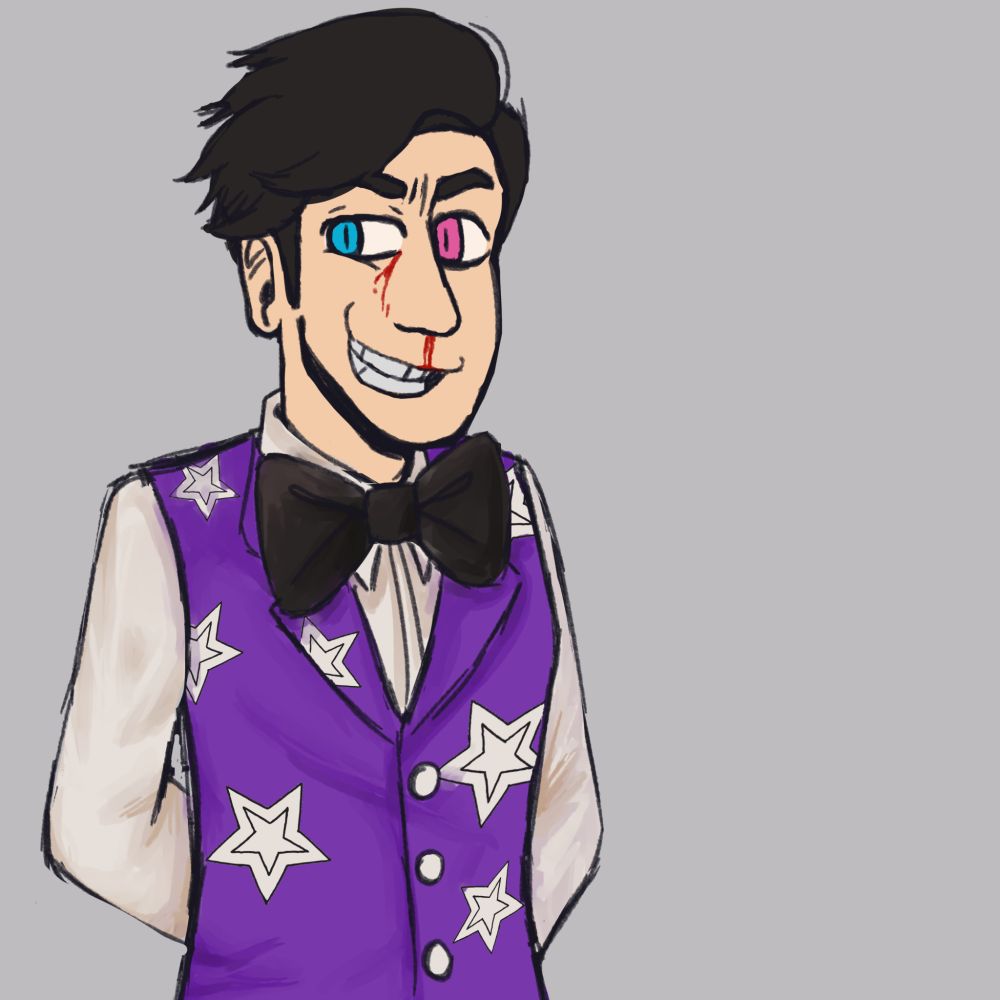 An artwork of DawkTrap, he's on a plain grey background, arms behind his back and grinning manically towards the left side of the screen. His eyes are pink and blue and the left one is bleeding slightly. He's got on the outfit of Glitchtrap, a purple suit vest with stars across it and a white button-up, as well as a big black bow tie.