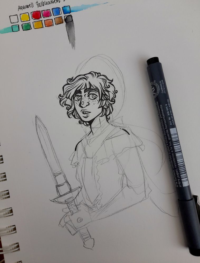 WIP of a traditional artwork of my oc Walter holding a short sword.