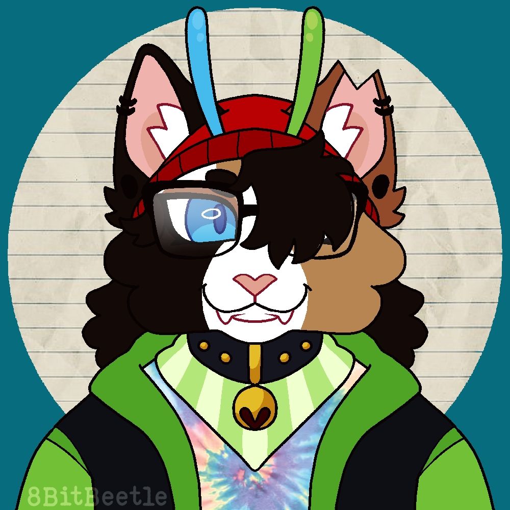 Symmetrical bust of Beetle, a calico cat wearing a red hat and green jacket