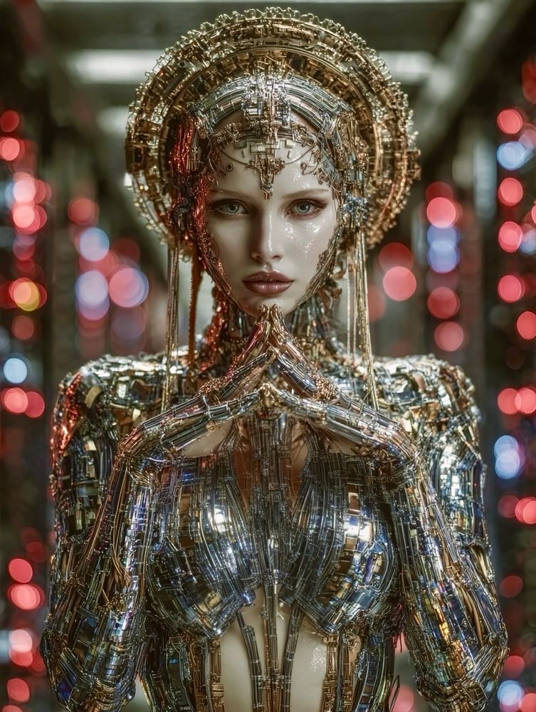 Description and prompt: the goddess Venus standing at the center of a mirror-polished server corridor, wearing a sculpted bodysuit made of layered black vinyl and reflective mesh, her arms raised mid-gesture, expression calm but computational, red and cyan lights from the server walls carving sharp reflections across her jawline, cords trailing from her spine into the floor grates. Created Using: Fujifilm GFX100, editorial data center build, metallic-vinyl textile layering, programmed pose shaping, real LED directional lighting, fashion-integrated power routing, sharp edge lighting strategy.