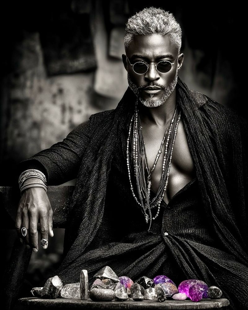 Description and prompt: Photo of a striking vendor seated behind a sculptural table of gleaming artifacts in a surreal neon-lit bazaar. The merchant is a tall, sharp-featured man, wearing an asymmetrical coat of deep velvet and layered jewelry. His posture is relaxed but calculated, as if offering a price you shouldn’t accept. Bold cinematic composition, and the perfect face for forbidden commerce.