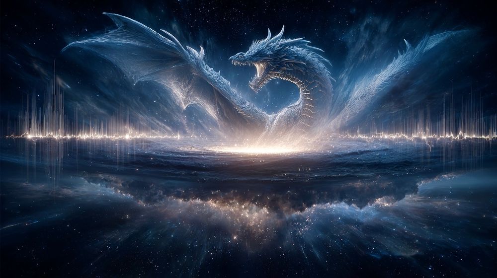 Description and prompt: Photo of a cosmic dragon perched on the rim of a black hole, tail trailing through space dust, mouth open, glowing notations and waveform trails escaping into the void, light bending around its wings, styled in surreal cosmic architectural fantasy with high editorial realism and layered emotion.