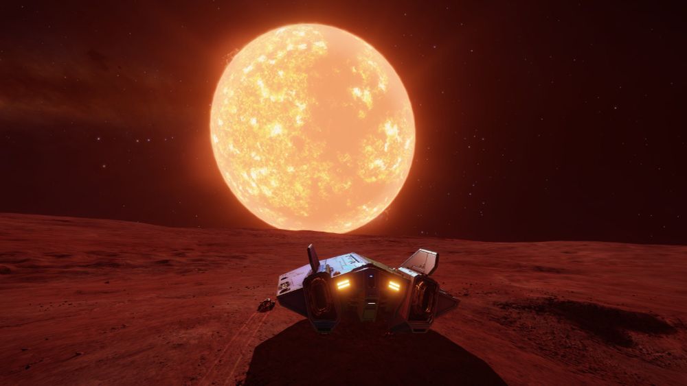 Raumschiff geparkt auf einem Planeten der den Stern Beteigeuze umkreist. 
Spaceship parked on a planet orbiting the star Betelgeuse.