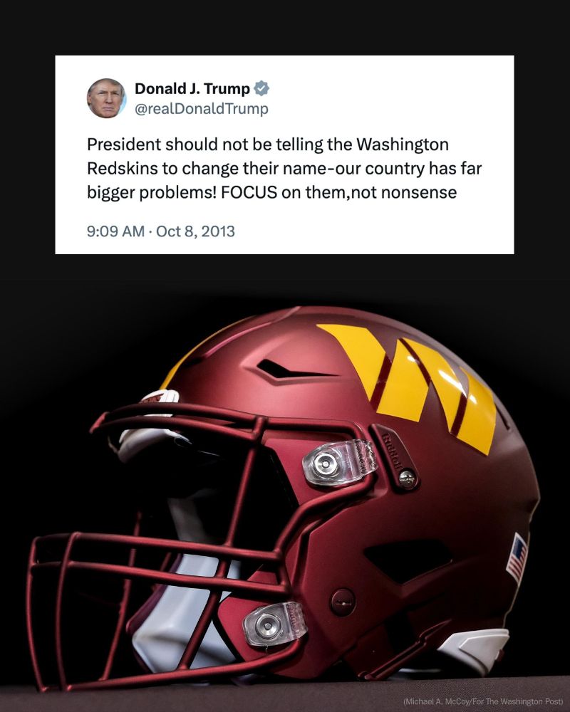 Donald J. Trump @realDonaldTrump
President should not be telling the Washington Redskins to change their name-our country has far bigger problems! FOCUS on them, not nonsense
9:09 AM Oct 8, 2013

(Michael A. McCoy/For The Washington Post)