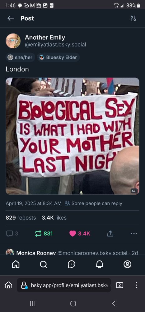 Skeet of A protest sign in London that reads "Biological Sex is what i had with your mother last night"