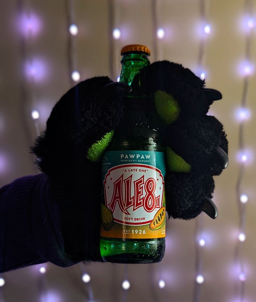 black fursuit paw with green pads holding a glass bottle of pawpaw-flavored ale-8-one in front of an led light curtain.