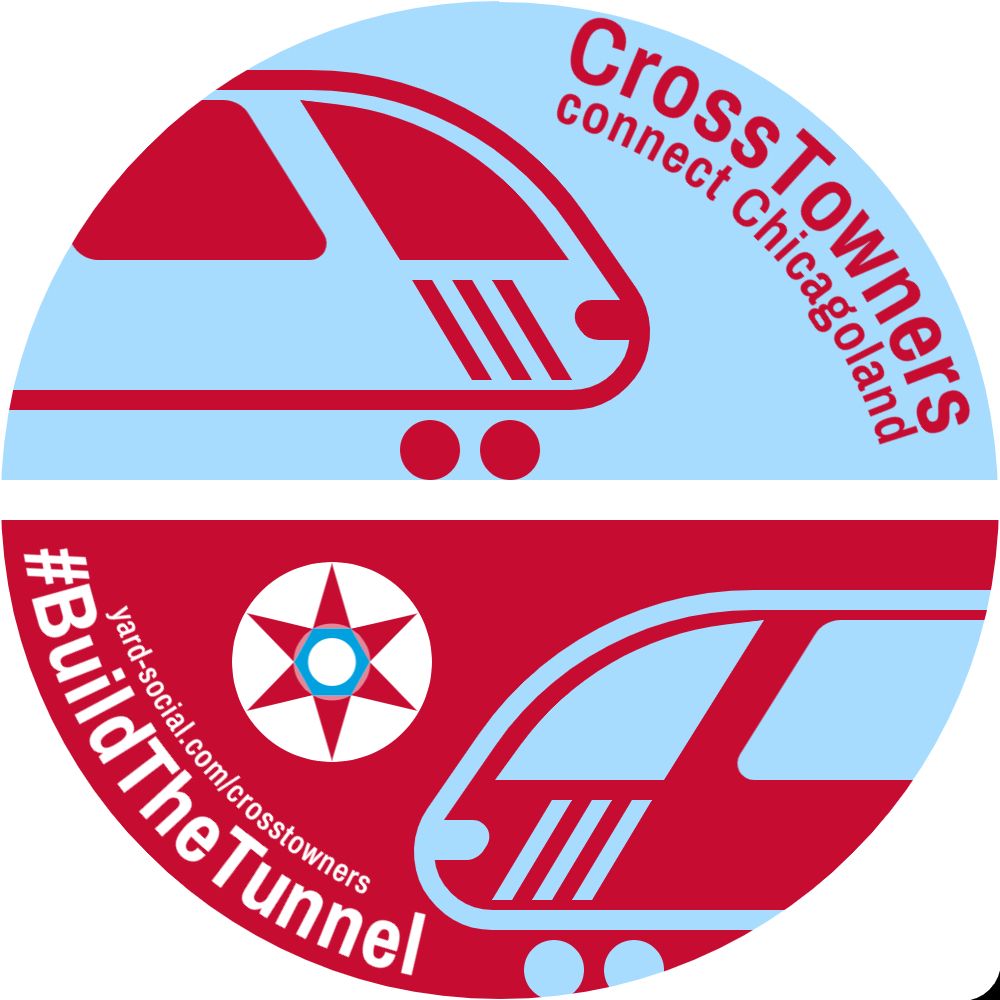 "CrossTowners connect Chicagoland" sticker concept. Design is circular, split in half by a horizontal white line. In the top half, a red stylized regional rail train is heading towards the right, with red text "CrossTowners connect Chicagoland" on a light blue background. On the bottom half, the color scheme is inverted with the train pointing to the left. The project website (yard-social.com/crosstowners) and the #BuildTheTunnel hashtag are in white text, along with the Star:Line Chicago logo.