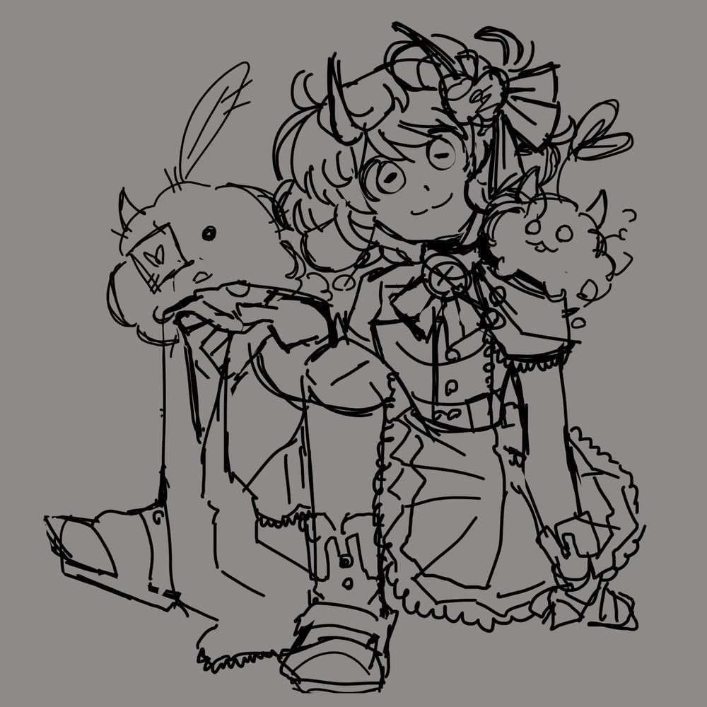 Azzy with a magical girl style dress, sitting on the floor. she has two seedlings with her. 