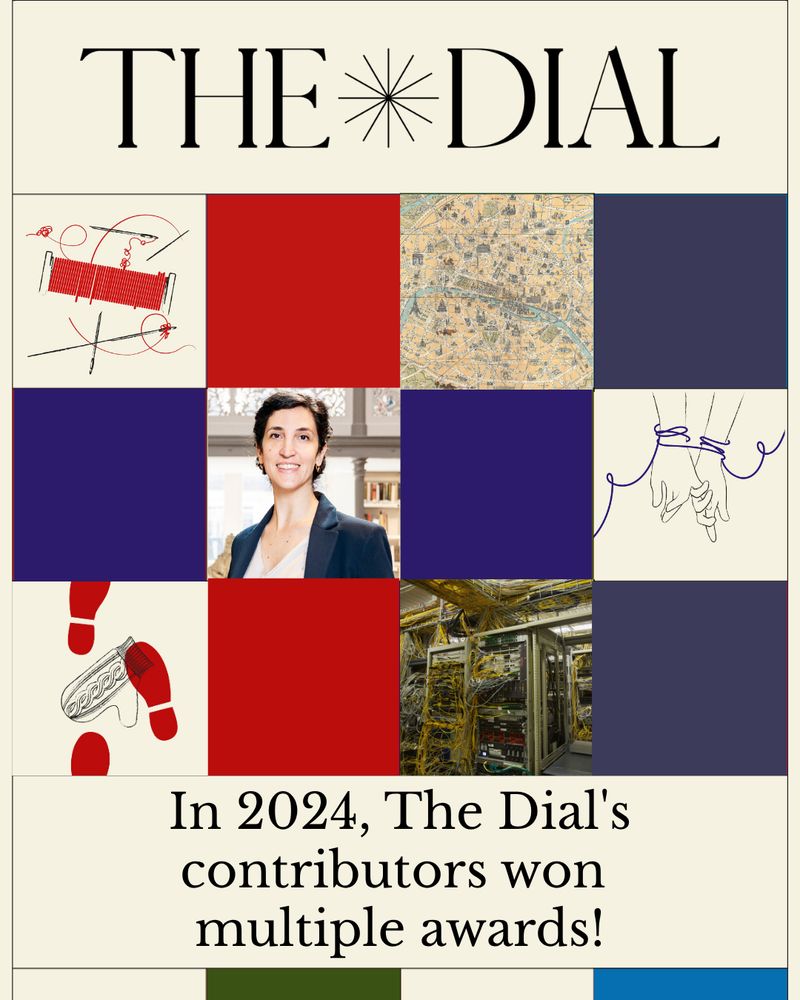 Alt text: Graphic for The Dial based off of their 2024 annual report. The Dial logo is in black at the top of the graphic, and a checkered pattern of images and graphics related to the articles that won awards alternate with solid squares of reds, blues, and purples. Black text at the bottom reads "In 2024, The Dial's contributors won multiple awards!"