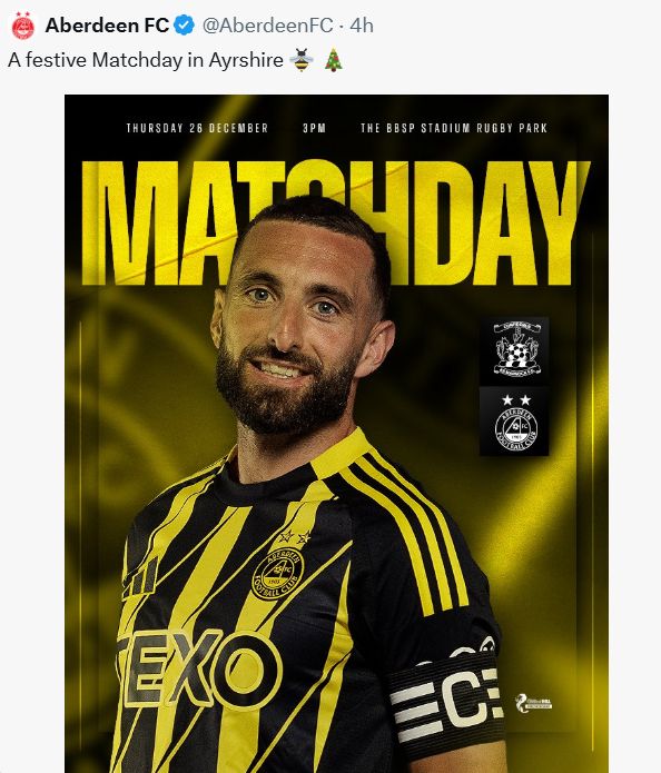 Snip of Aberdeen FC tweet, which reads A festive Matchday in Ayrshire [wasp emoji] [tree emoji]

Original image is of Captain Shinnie in a black and yellow away top, with text 

Matchday.
Kilmarnock v Aberdeen.
Thursday 26th December. 3pm kick-off.
The BBSP Stadium Rugby Park.