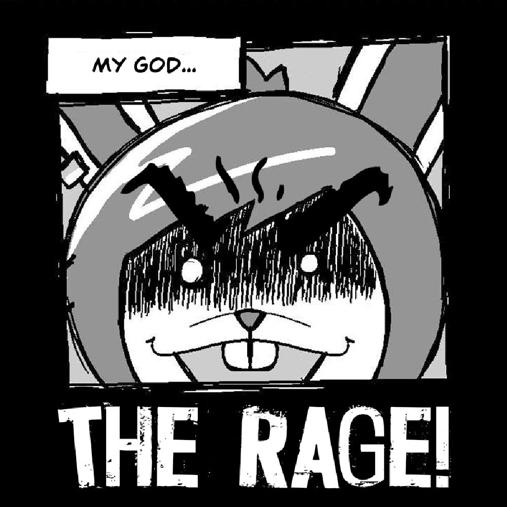 A thumbnail of a bunny girl with horrific eyes and angry eyebrows saying "My God..." and big text at the bottom that says "THE RAGE!"