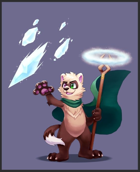 My fursona, a ferret with magenta and green eyes, wearing a green cloak and holding a wooden staff with a twist in the end. I'm casting ice magic, image was drawn by lurils on bsky