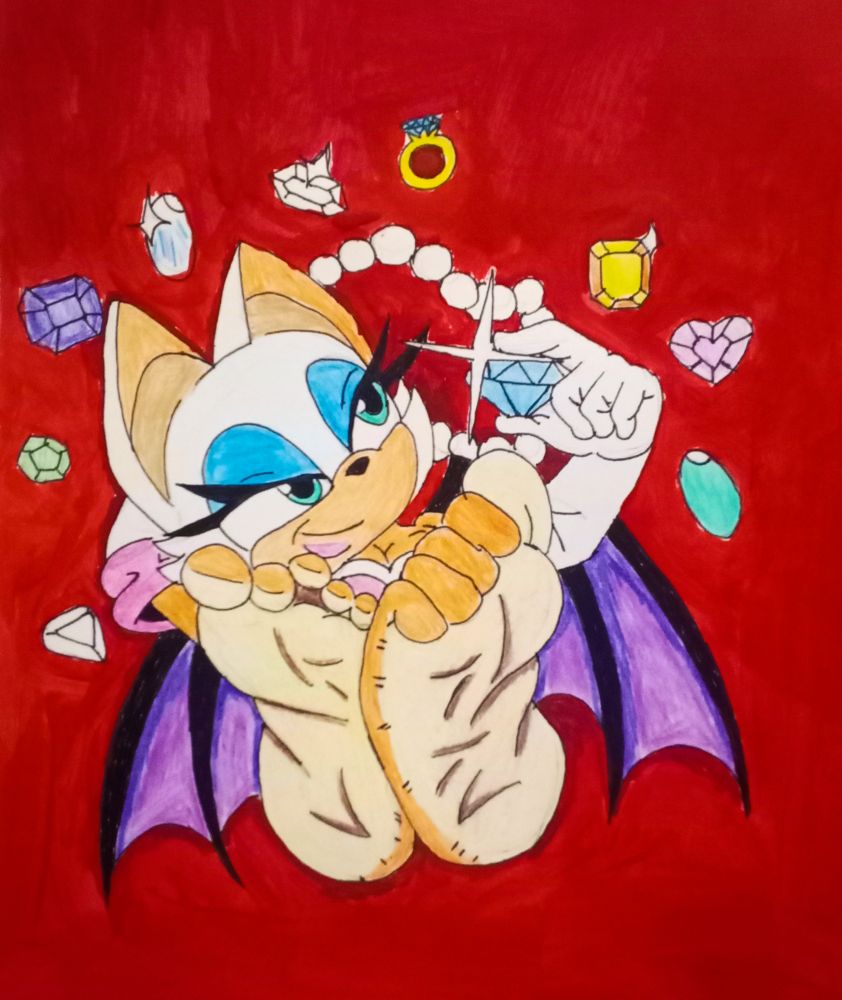 After Successfully stealing some Pretty Gems from a Jewelry store, Rouge lays down in her bed, county and Admiring those Pretty little Things, feeling proud of her sneaky Works for her great accomplishment💎