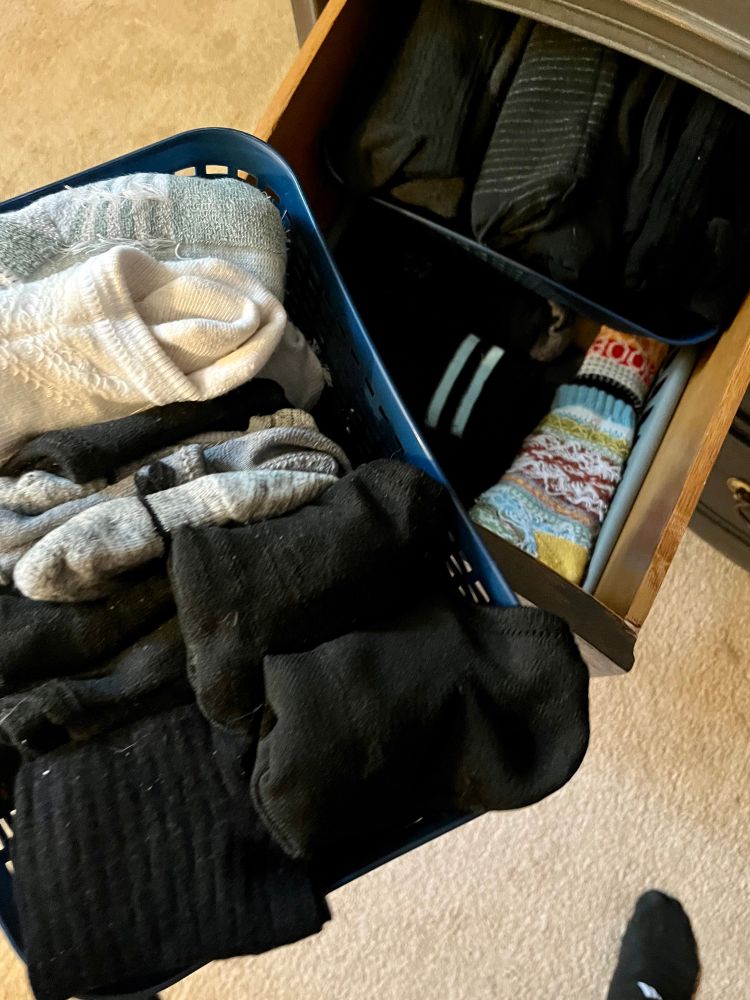 Bins full of socks in a drawer 