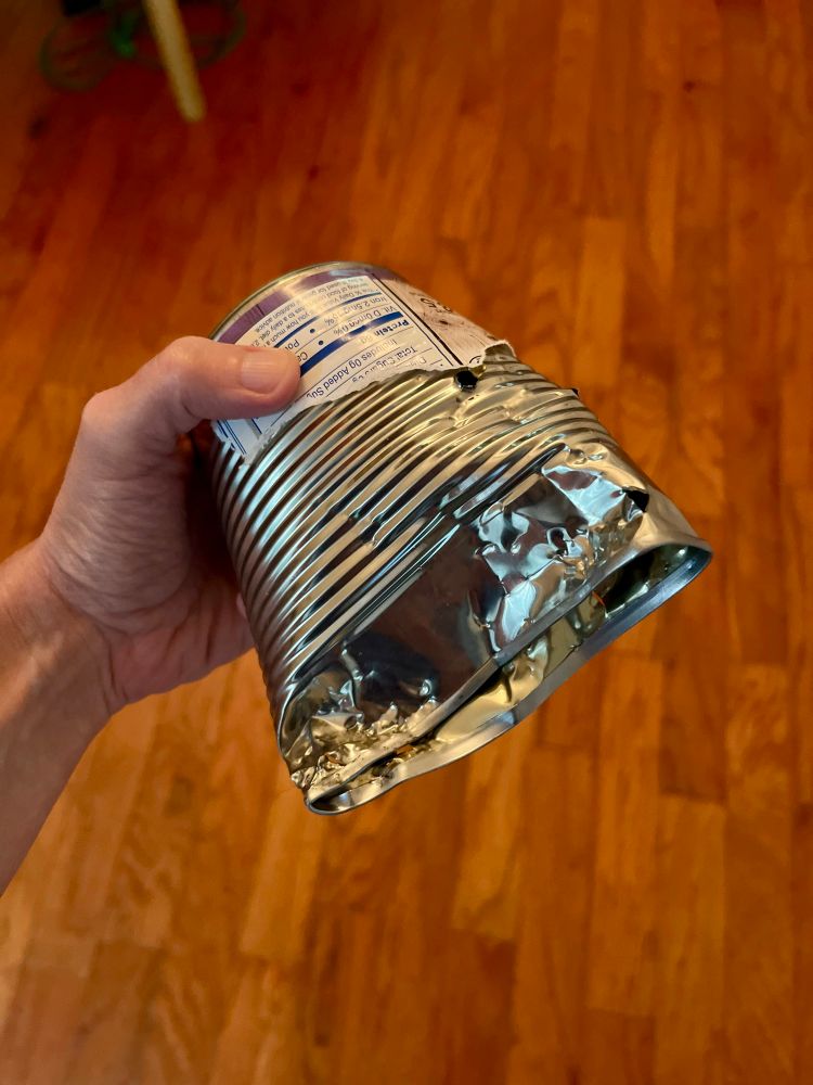 A food can that has been chewed on by Blake’s dog 