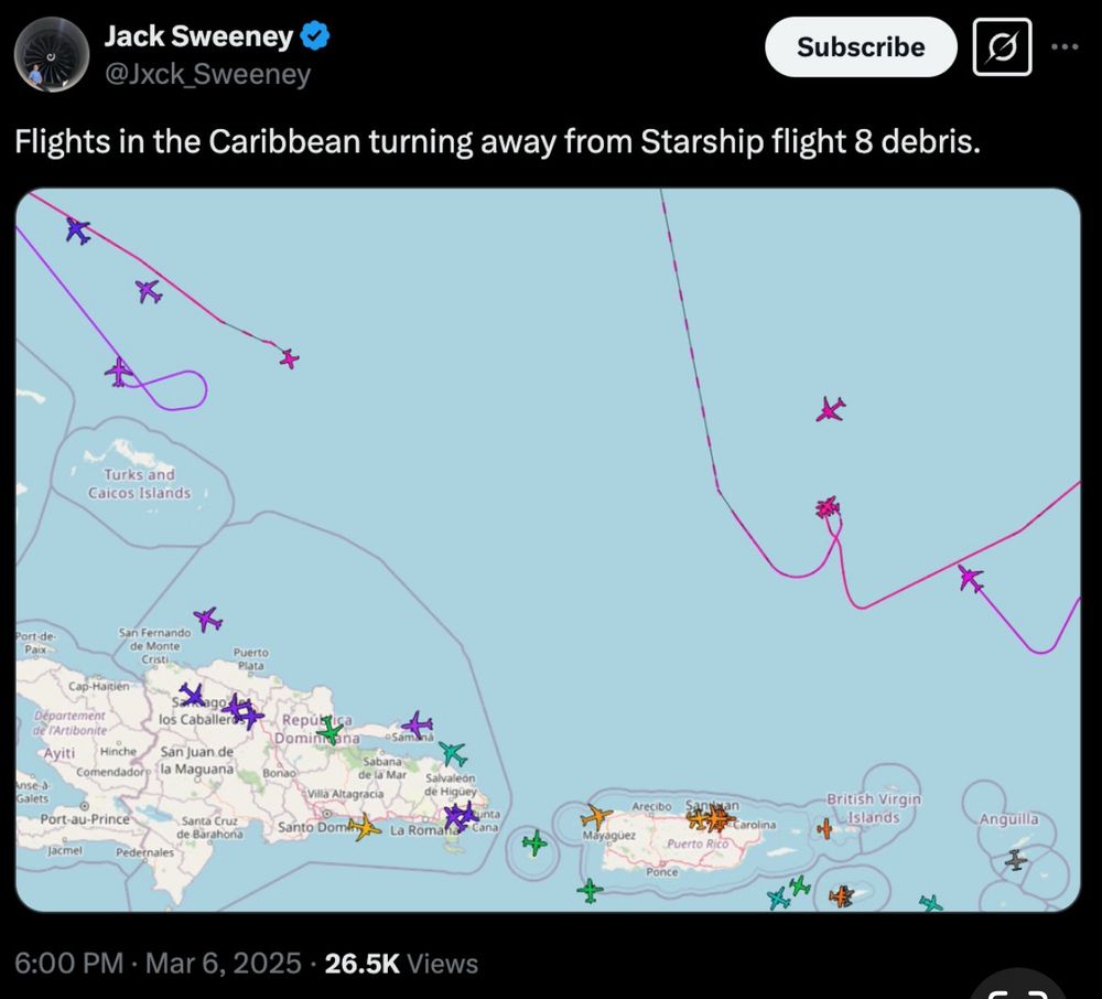 A SpaceX rocket exploded shortly after it was launched from Texas on Thursday, grounding flights and triggering warnings about falling spaceship debris.
SpaceX confirmed the un-crewed ship had suffered "a rapid unscheduled
disassembly" during its ascent into space, and lost contact with the ground.
The massive SpaceX Starship, the largest rocket ever created, spun out of control shortly after its launch. No injuries or damage have been reported but images from those in Caribbean Sea island nations show fiery debris raining from the sky.
This was the eighth mission to test the rocket, and its second consecutive failure. (BBC)
