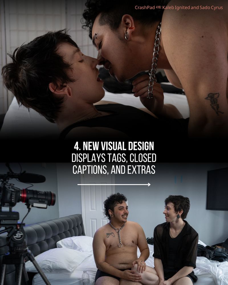 Text: 
4. Visual design displays tags, closed captions, and extras

CrashPad 416: Kaleb Ignited and Sado Cyrus (the couple kiss, and talk in bed.) photo: CrashPadSeries.com