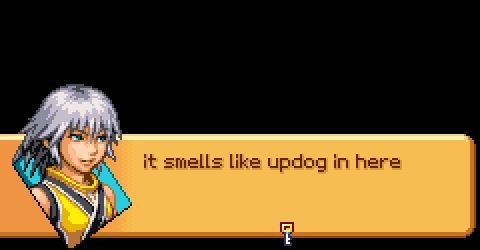A text box of Riku from Kingdom Hearts: Chain of Memories. It reads, "it smells like updog in here"