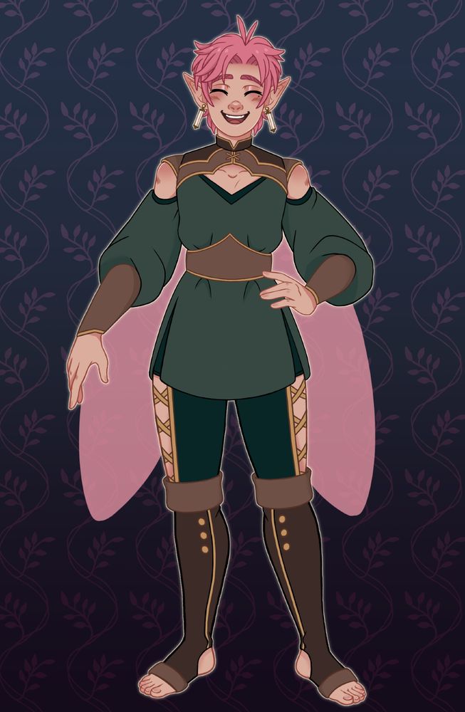 A pink haired fae spirit with gossamer pink wings to match. They re clothed in a green tunic and tights with with brown leather and the gold accents of the Spring Court. 