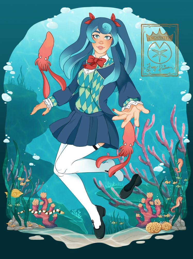 Commission for VTuber, RadicalMari. She has blue squid tentacle hair in a sailor suit styled school uniform. Mari is underwater with brightly color coral all around her. There are orange squid and a bunch of various fish swimming around with her.