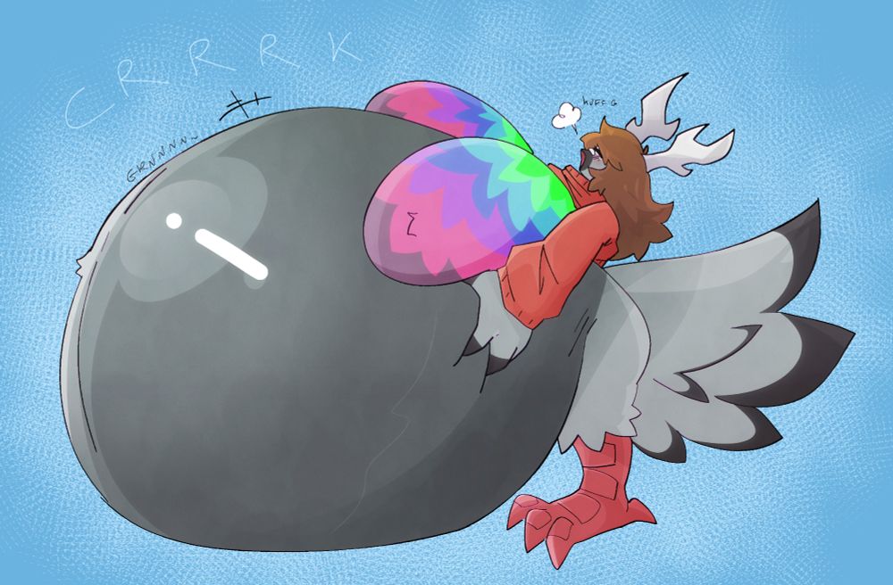 Pigeon with a very overinflated belly, as she tries to lean back to regain some comfort. 