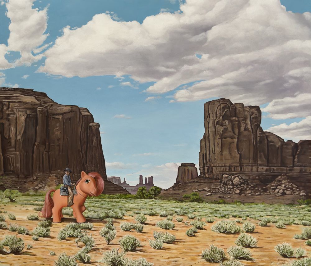 An oil painting of a western scene in Monument Valley. In the middle distance, a cowboy rides into view in top of a My Little Pony. 