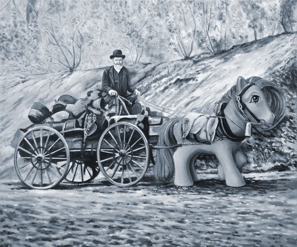 A black and white oil painting of a wizened old man driving a cart laden with prospecting equipment. The cart is being pulled by a My Little Pony. 