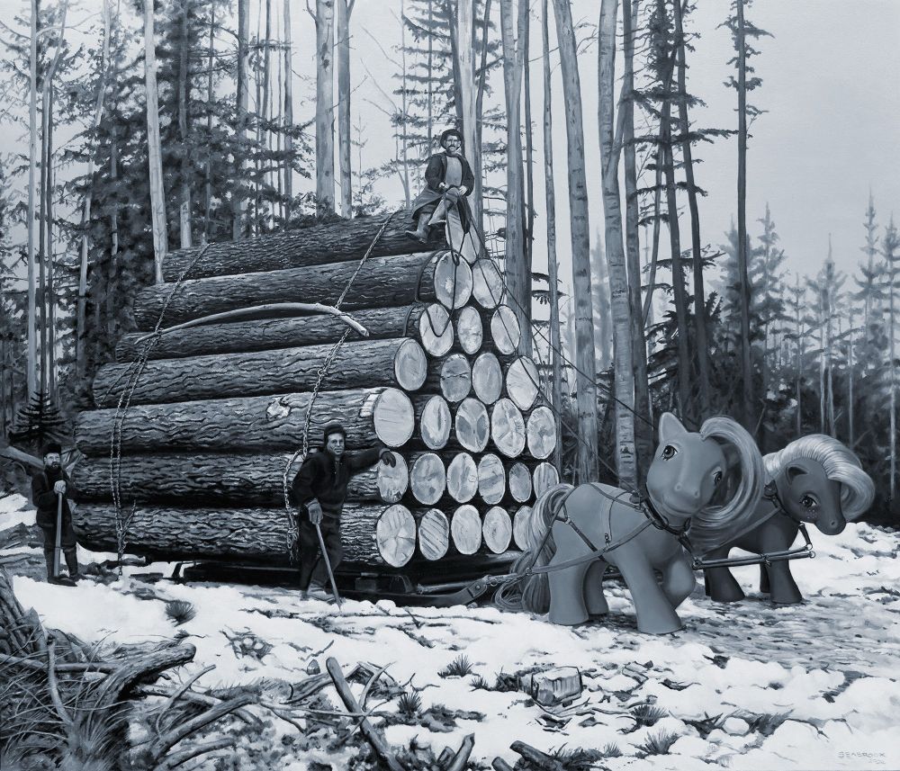 A monochrome oil painting depicting a winter forest with huge logs of lumber chained to a sled. The sled is being pulled by two My Little Ponies. 