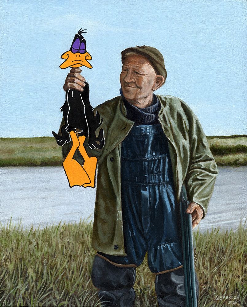 A small oil painting of an old duck hunter next to a lake, holding up his prey, Daffy Duck.